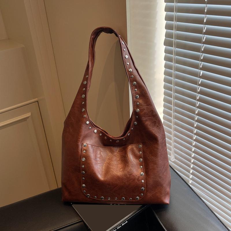 Women's Retro Rivet Solid Color Commuting Travel Shopping Tote Bag Versatile Large Capacity Shoulder Bag CLE