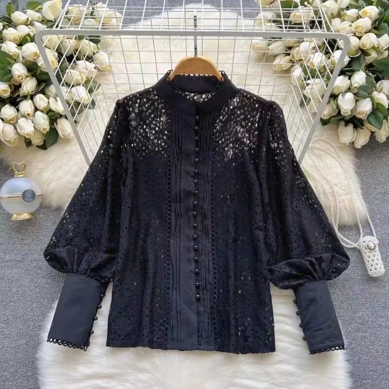 Francúzska Vintage Hollow Out Čipka košeľa Ženy Korálky Blúzka s gombíkom Lucerna Rukávy Ženy Elegantné Voľné Jednofarebné Tenké Dámske Topy 29924