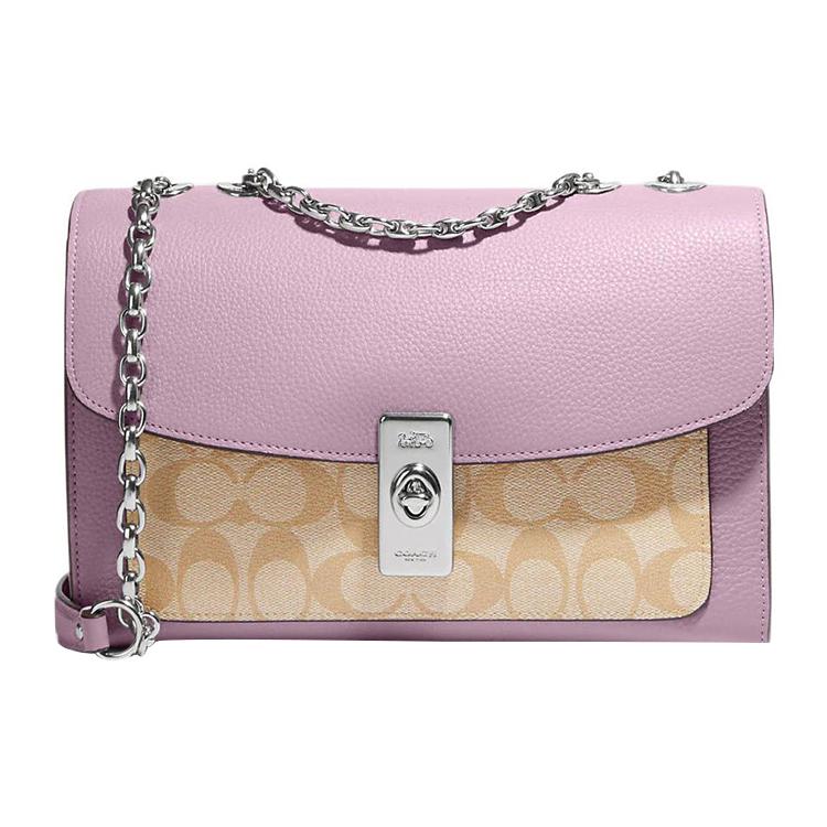 New COACH Lane Coated Canvas With Pebbled Leather Portable Crossbody Bag Shoulder Bag Women's Khaki Monogram & Pink CC330-SVV7O