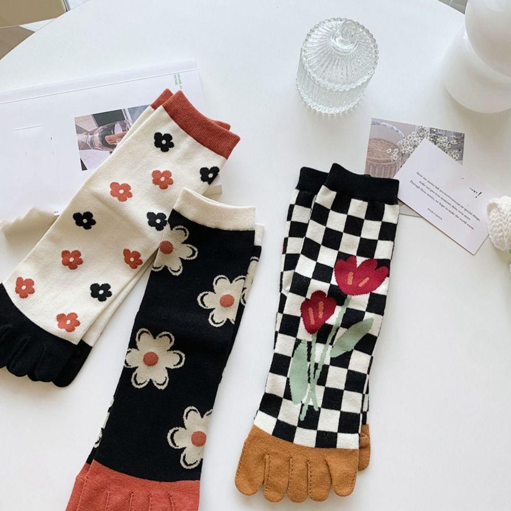 Stripe Grid Five Finger Tube Socks Breathable Toe Separator Socks Split Toe Short Socks Daily