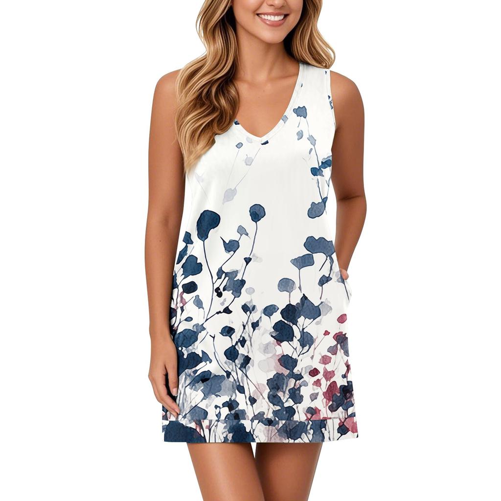 Women's V-neck Sundress Sleeveless Casual Floral Print Dress With Pockets