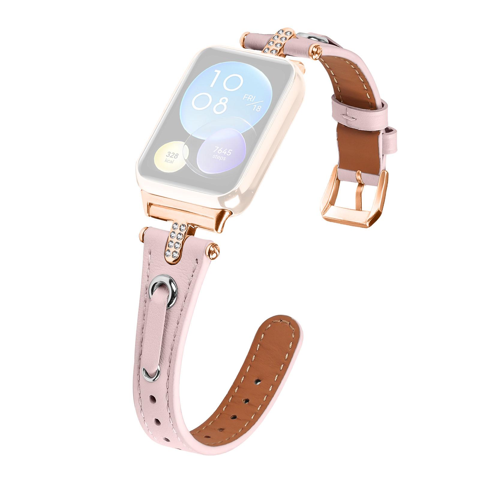 

For Xiaomi Smart Band 8 Pro Rhinestone Genuine Cow Leather Watch Strap (Rose Gold Buckle) Pink