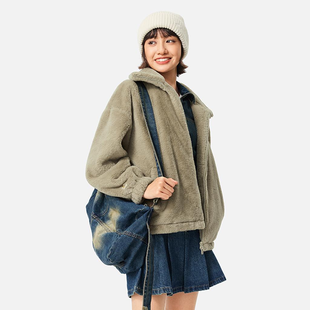 Li Ning Sports Lifestyle Series Faux Rabbit Fur Warm Plush Collar Windproof Casual Comfortable Versatile Fleece Jacket Women Jackets AFDUC96-5