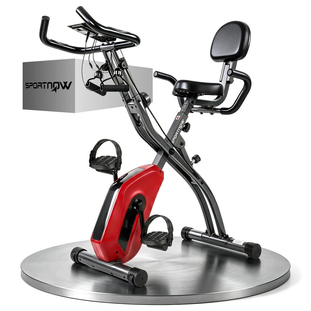 3-In-1 Folding Exercise Bike with Resistance Bands, Bluetooth App, 8-Level Magnetic Resistance, LCD Display, Red