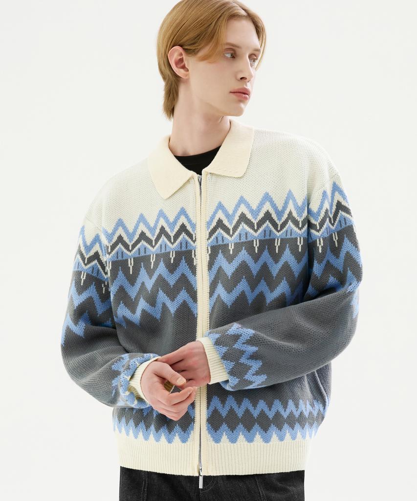 TRILLION Washable Nordic Jacquard Collar Neck 2-Way Zip-Up Knit [Ivory]