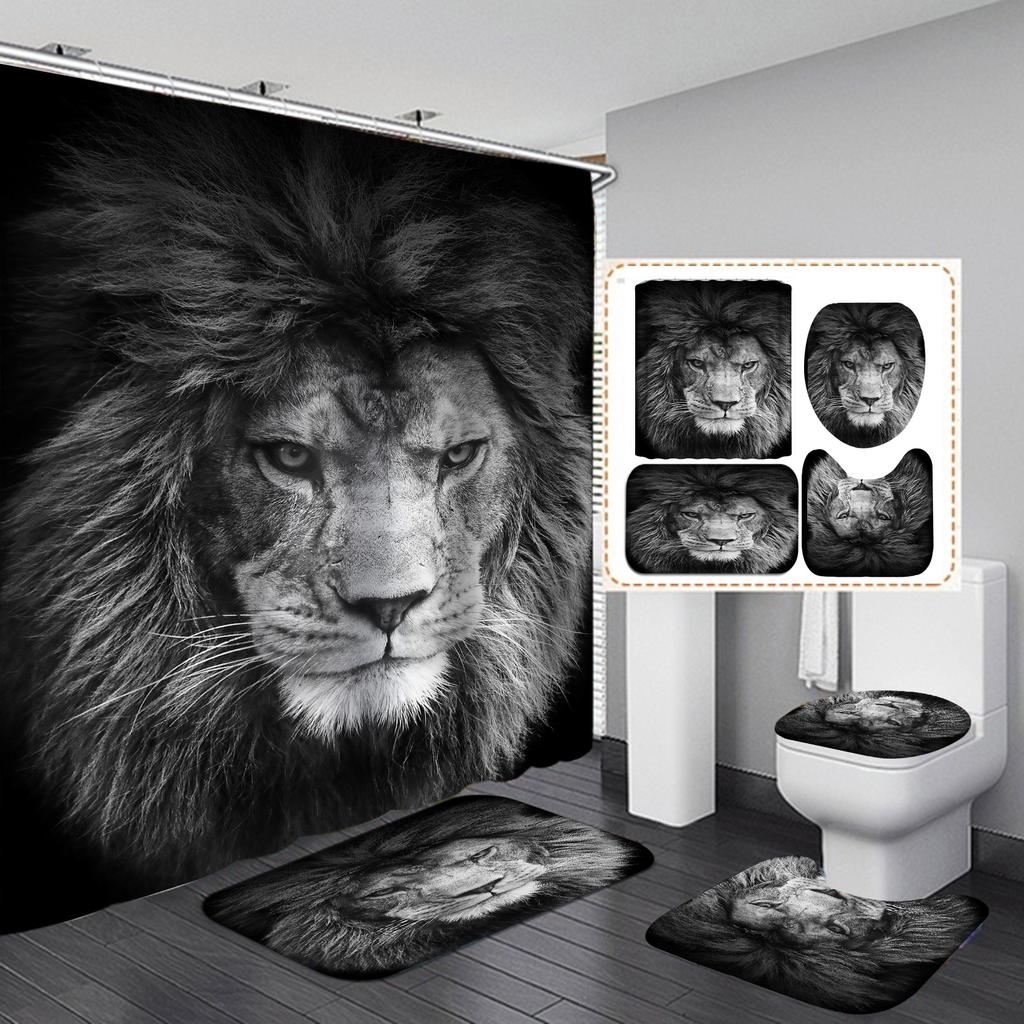 Seturi de perdele de duș din seria Lion 4 buc pentru baie Covoare de baie antiderapante Capac capac de toaletă Covoraș de baie