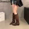 Autumn Winter Pointed Toe Thick Heel Woman Knee High Boots Shoes Fashion Stripper Party Ladies Pleated Slim Knight Long Botas