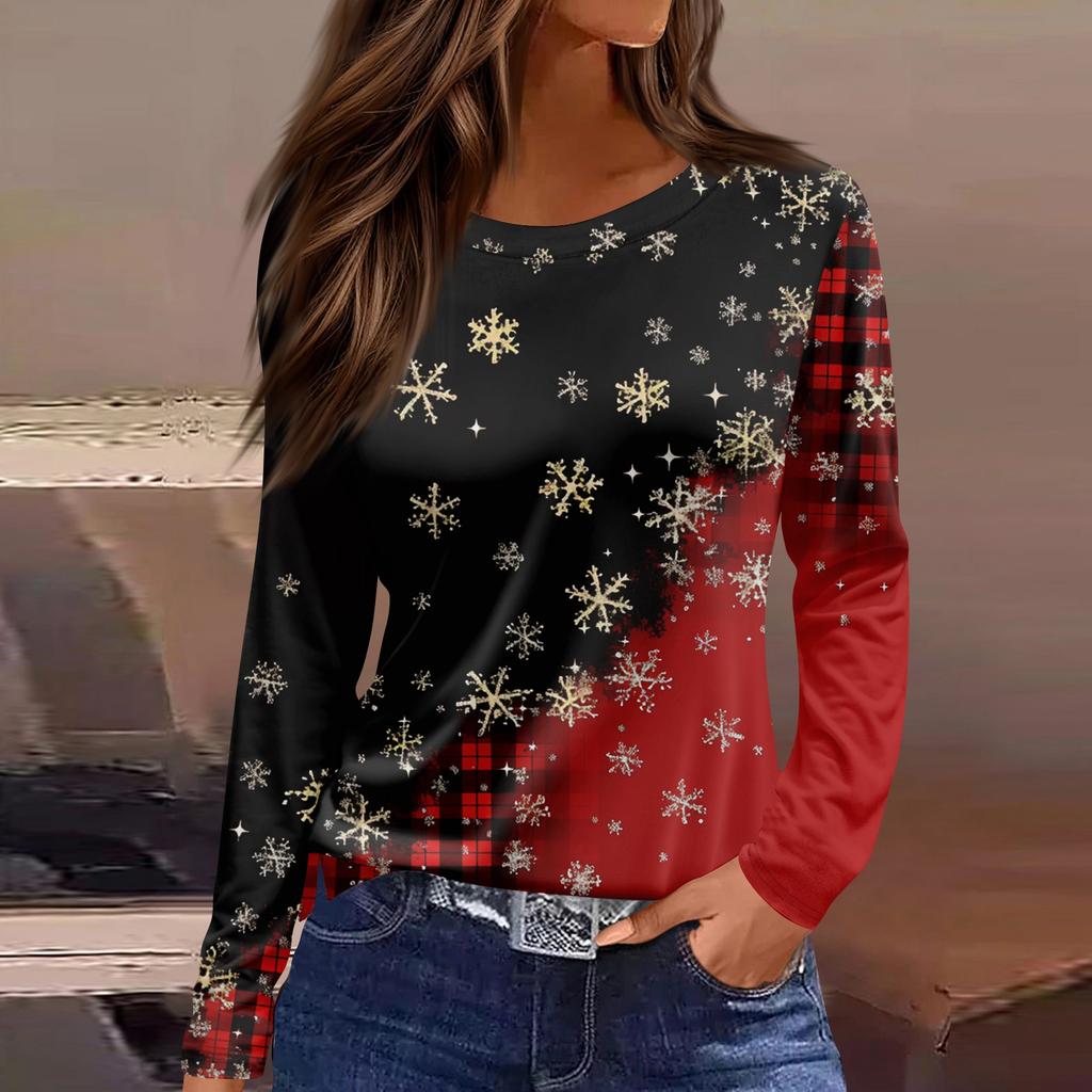 Women's 3D Gradient Striped Santa Claus Head Print Round Neck Long-sleeved T-shirt Top