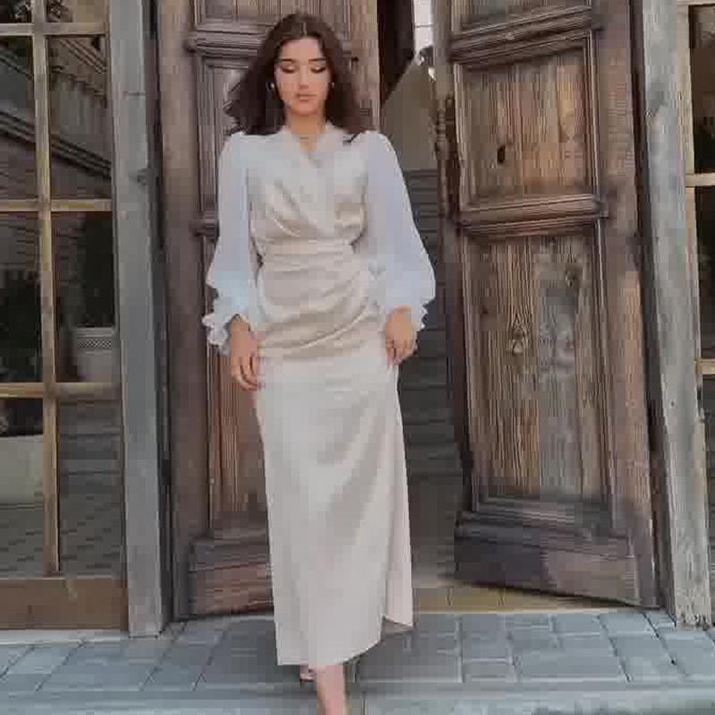 

Осень 2024 Женское элегантное платье с плиссировкой и цветными блоками, с высокой талией 3XL абрикосовый