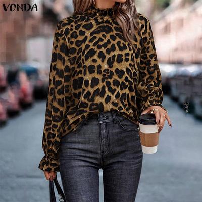 Elegant Women High Neck Long Sleeve Leopard Print Casual Blouse Shirts