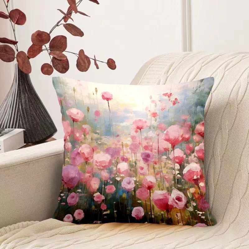 Oil Painting Water Lily Pattern Decorative Pillowcase Living Room Bedroom Square Cushion Pillowcase