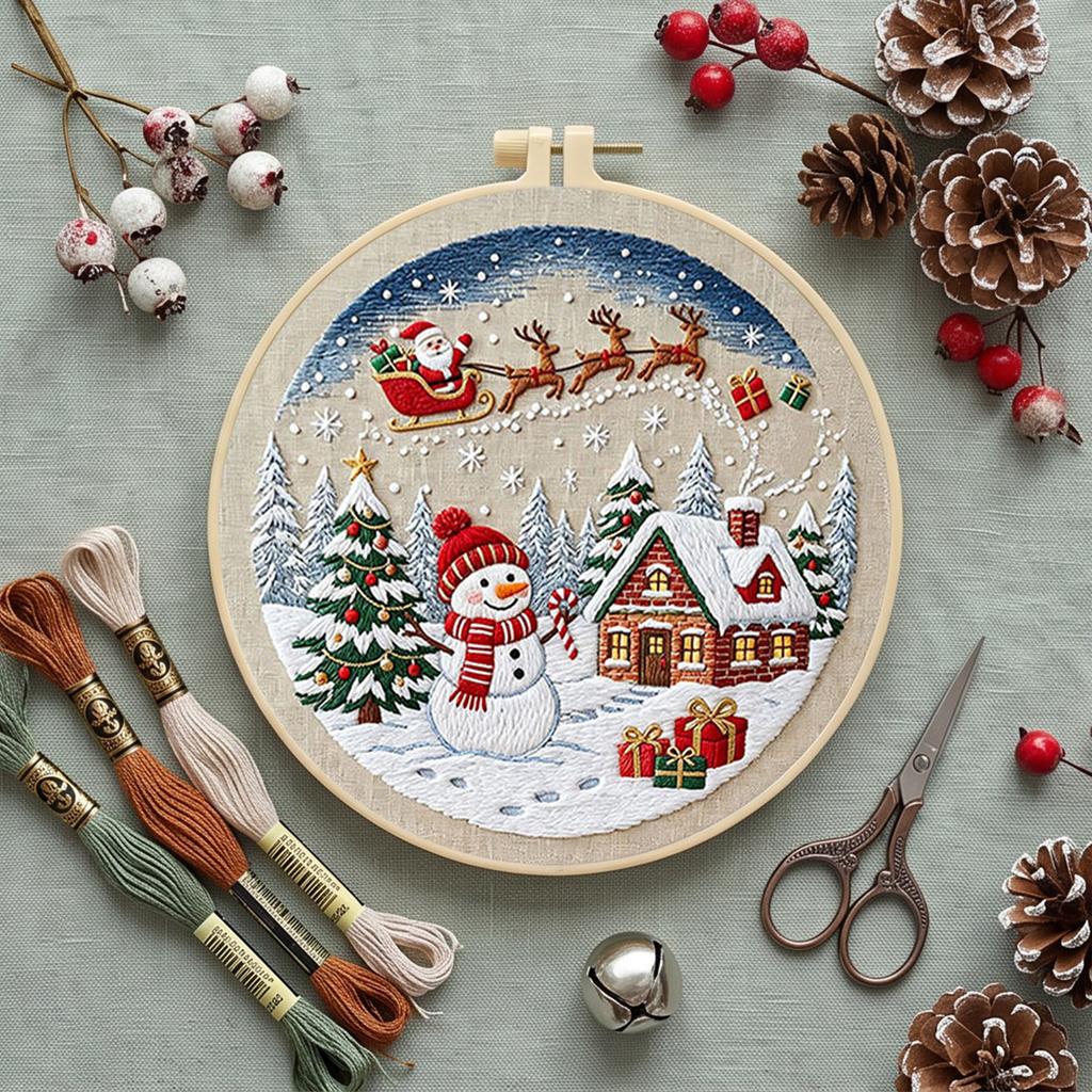 Christmas Embroidery Craft Set DIY 30x30cm Cotton Printed Fabric with 20cm Hoop Thread Needle Beginner Kit