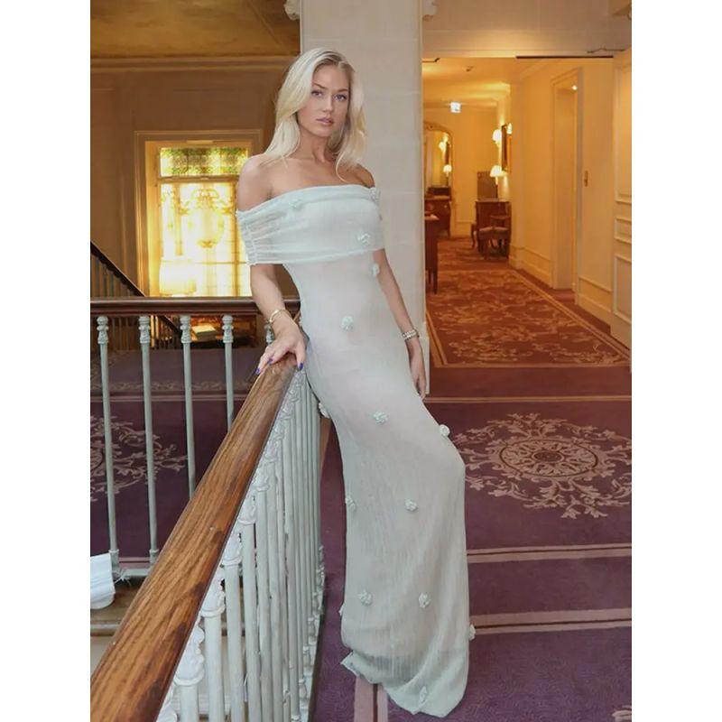 

European and American Holiday Style Tube Top Long dress Slim fit off-Shoulder Dress One Shoulder Party Dress Matcha L