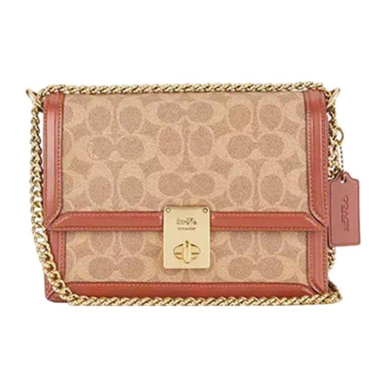 Coach Hutton 22 Classic Monogram Chain Lock Envelope Shoulder Bag Women Shoulder Bag Brown Yellow CJ390-B4NQ4 Basic Set (Bag+Dust Bag)