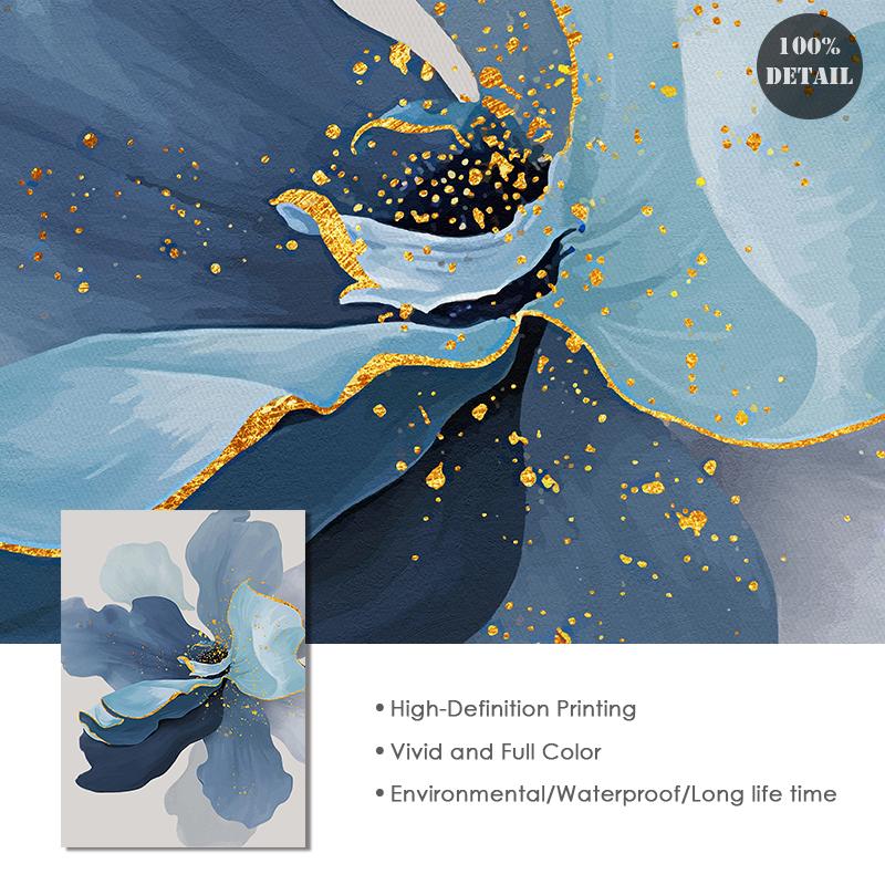 Tela de folha de planta azul dourada, poster de flores, arte de parede, pintura a óleo na parede, imagens para sala de estar, decoração de casa