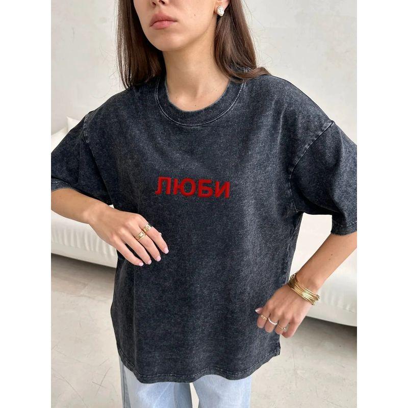 New Fashion T-shirt Fashion New Arrival Fashion Loose Washed-out Distressed Print Letters Cotton T-shirt Top