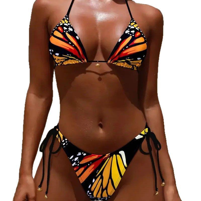 Butterfly-Print Tie-Up Backless Bikini Swimsuit for Women