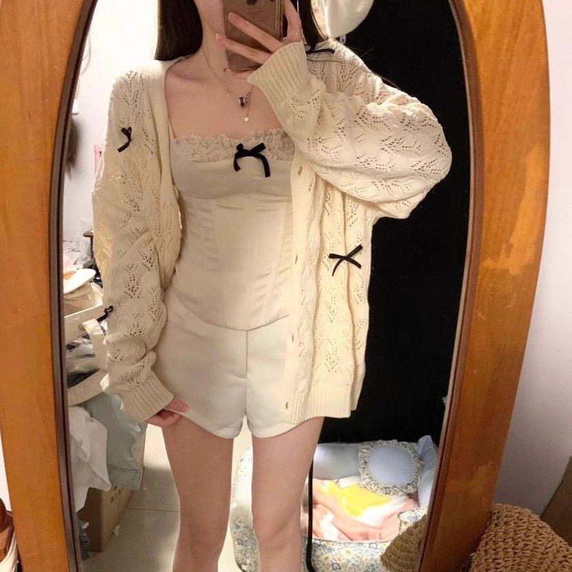 Women's Lightweight Hollow Knit Bow Cardigan Sweater