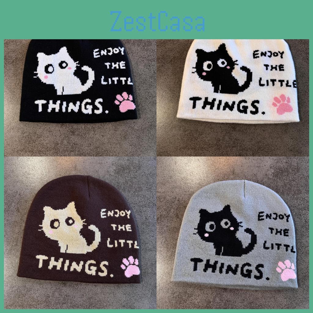 Cat Pattern Letter Embroidery High Top Knit Cap For Autumn Winter Fashion