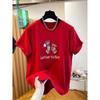 Women's Red Cartoon Print Short Sleeve Round Neck T-shirt - Summer 2026 Korean Style Trendy Casual Loose Top
