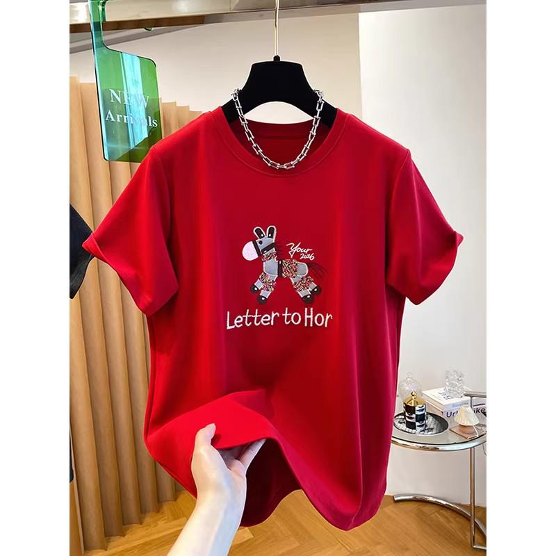 Women's Red Cartoon Print Short Sleeve Round Neck T-shirt - Summer 2026 Korean Style Trendy Casual Loose Top