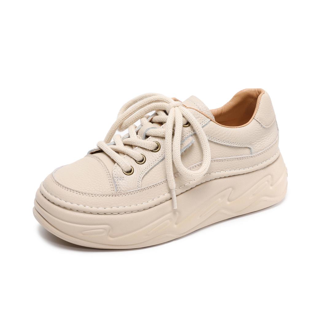 Johnature Pantofi de damă din piele naturală cu talpă groasă pentru creșterea în înălțime, pantofi albi casual confortabili cu talpă plată