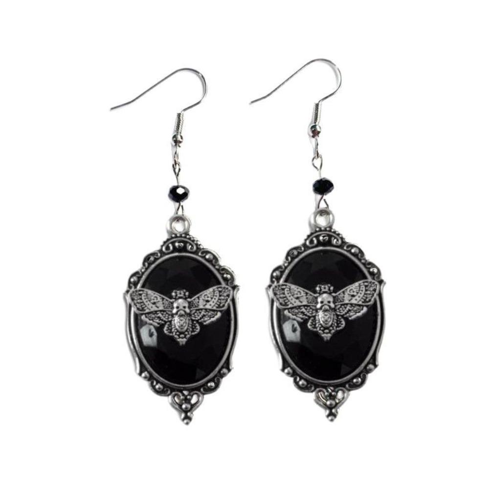 Gothic Retro Sliver Color Geometry Oval Lacework Relief Moth Skull Dangle Earrings for Women Hallowmas Mysterious Witch Jewelry