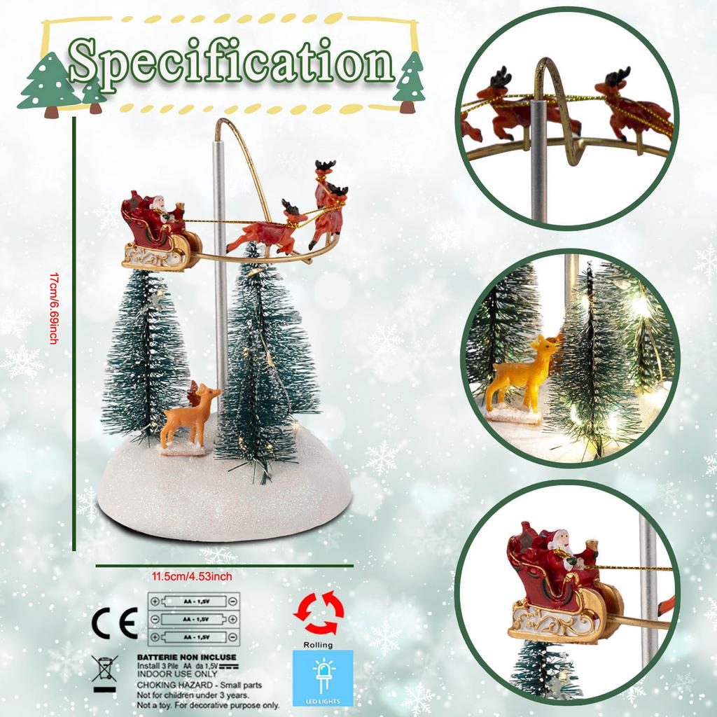 Animated Christmas Village Flying Sleigh with Rotating Santa Figurines Musical Light-Up Holiday Decorations Accessory