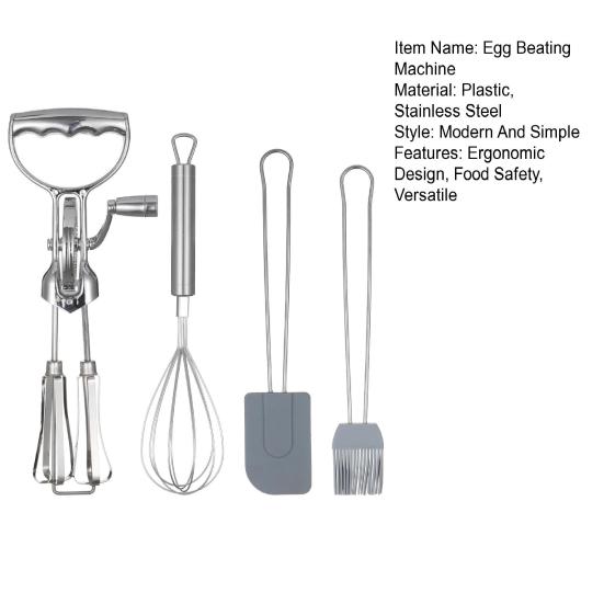 Egg Beater Set Manual Rotary Mixer with Silicone Brush Spatula Double-head Hand Push Whisk Stainless Steel Kitchen Tool for Baking Cooking