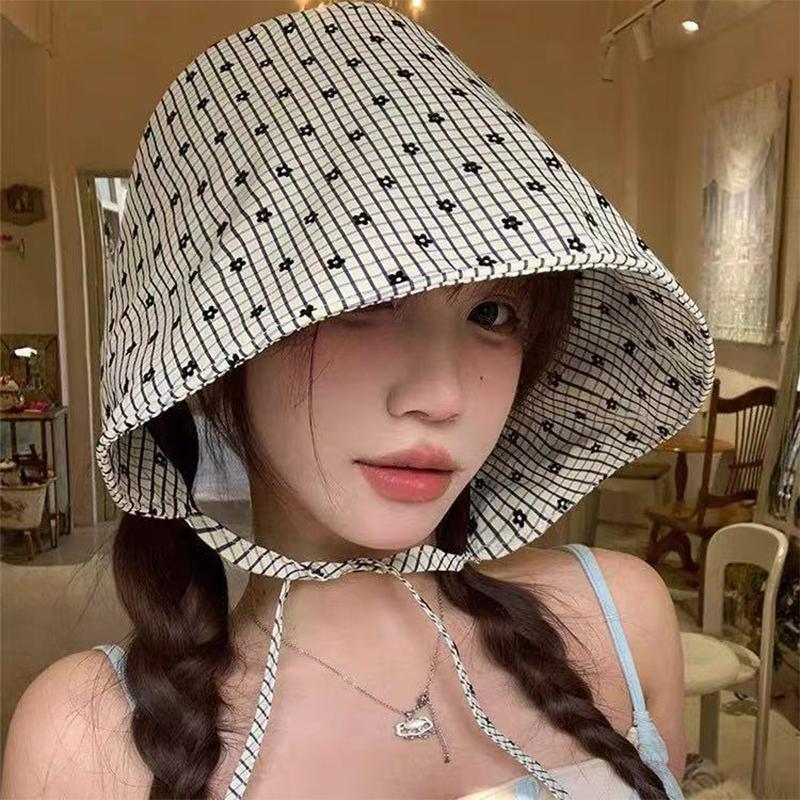

Fashion Pastoral Style Floral Bucket Hats French Striped Lace Up Wide-Brimmed Sun Hat бежевий
