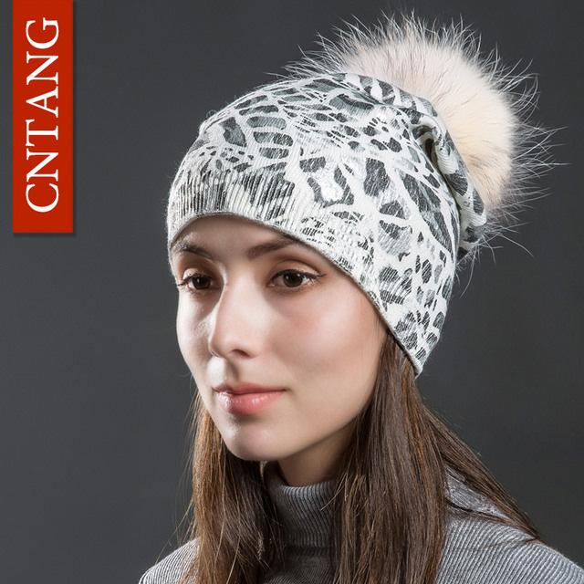 Women Winter Warm Hats Fashion Bronzing Leopard Hats with Natural Pompom Fur Caps Female Knitted Wool Hat Raccoon Beanies
