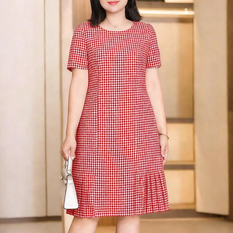 

ZANZEA Жіноча повсякденна сукня з картатим принтом, круглим вирізом і коротким рукавом 4XL червоний