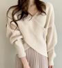 Women's Korean Style Cross V-Neck Sweater - Plain Color, Loose Design, Long Sleeve Knitwear for Autumn/Winter 2026.