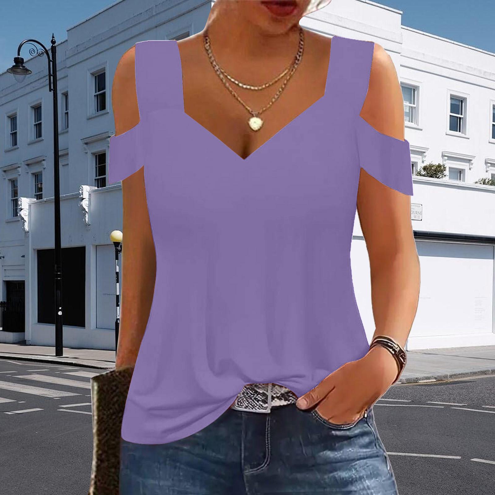 

Летний топ, женский топ с короткими рукавами и открытыми плечами, с v-образным вырезом, свободная базовая футболка, повседневная рубашка, рубашка XXL фиолетовый