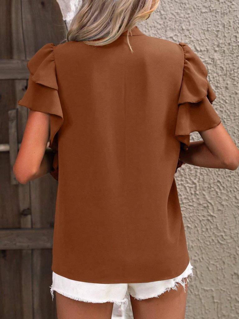 2025 Women's V-Neck Double-Layer Ruffle Sleeve Solid Color Summer Top