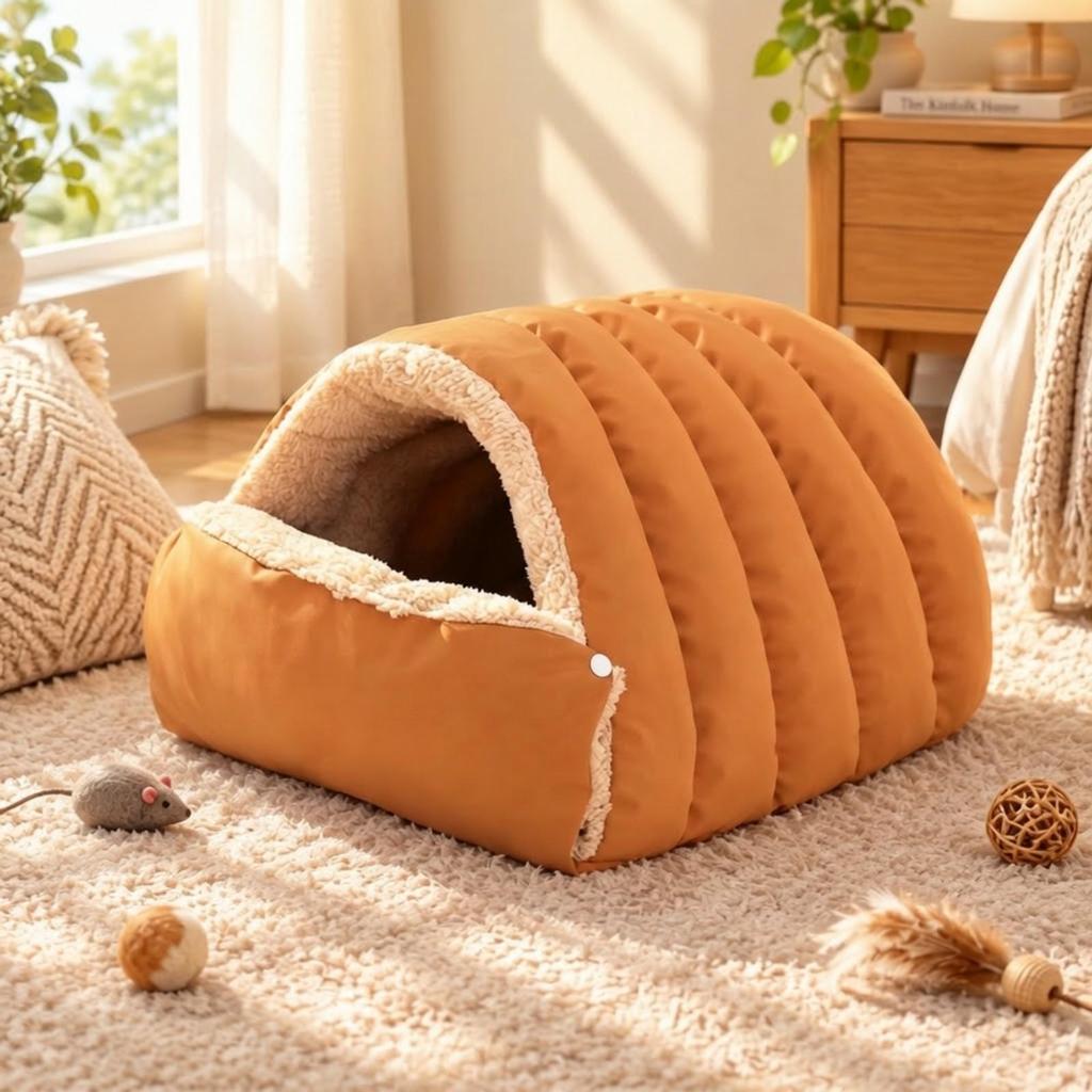 Enclosed Tunnel Feline Bed Heatretainingfeline with Snap-Fastened Cover