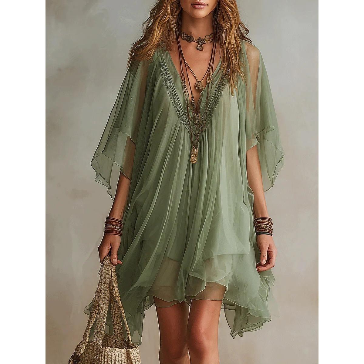 Summer New European & American Women s V-neck Chiffon Dress Loose Beach Cover Up Holiday Sundress S зелёный