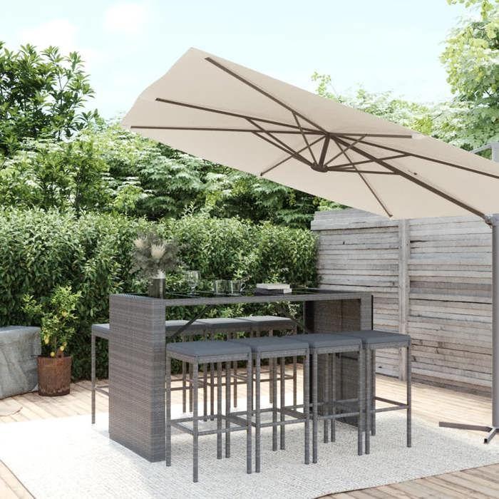 VidaXL Ensemble de bar de jardin 9 pcs avec coussins gris poly rotin, ensemble de table de bar, table et chaise de bar, 3187624