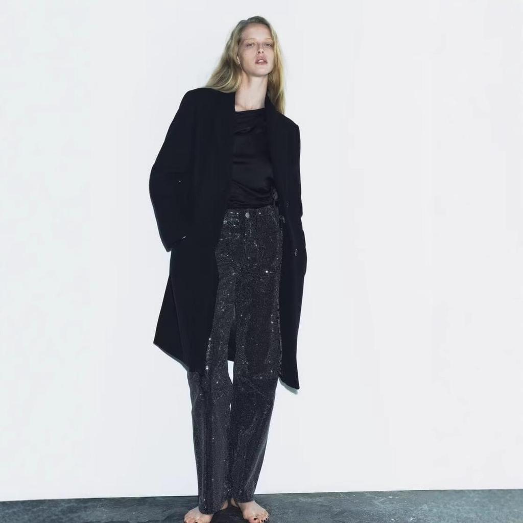 2024 European & American Women's Turn-Down Collar Long-Sleeve Button-Embellished Medium-Length Coat