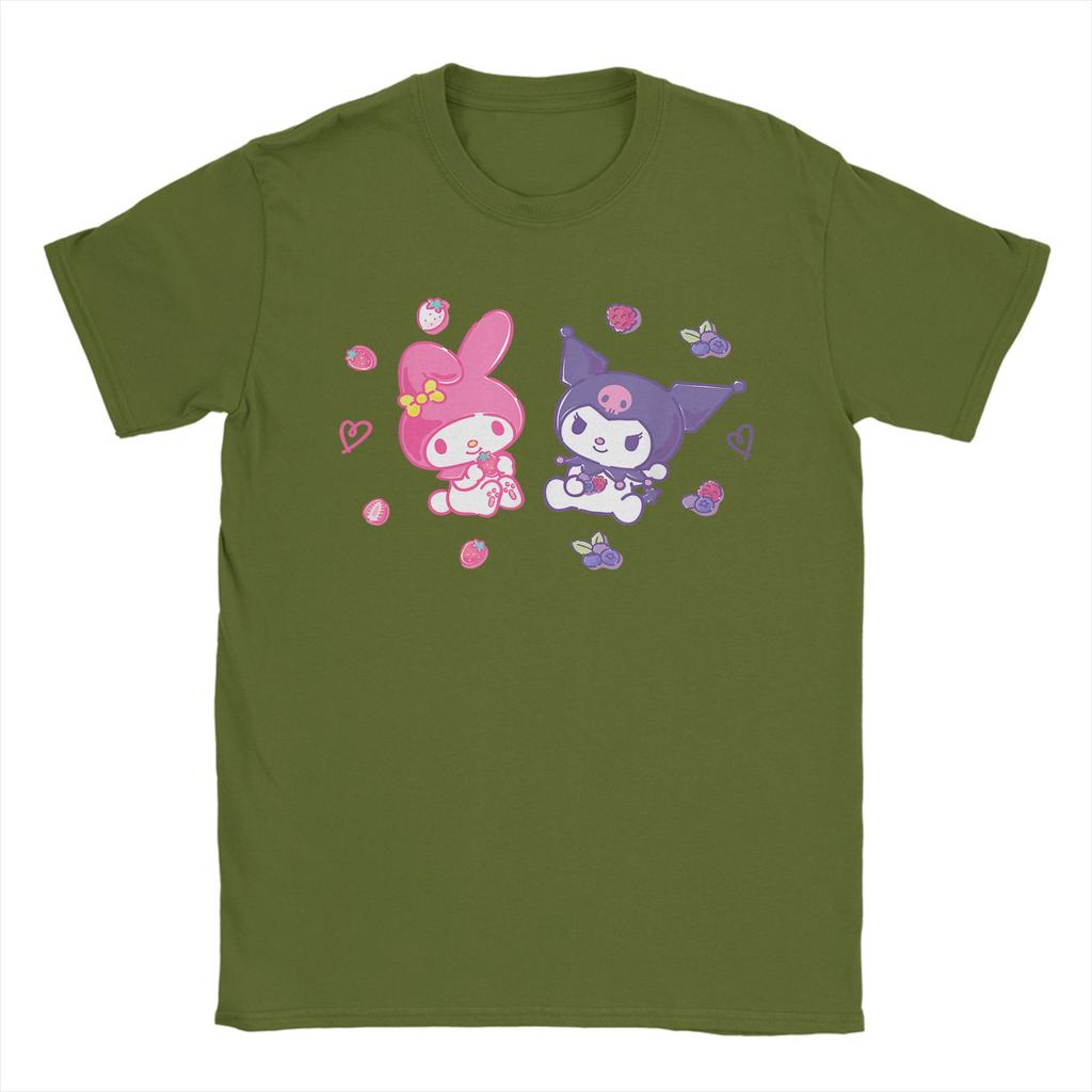 Casual Kuromi and My Melody Berries TShirt for Unisex Round Collar Cotton T Shirts  Short Sleeve Tees Big Size Clothes