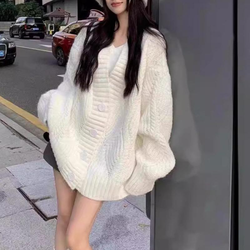 Retro twist knitted cardigan v-neck top autumn and winter new loose lazy wind soft waxy sweater jacket women