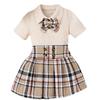 Sweet Girl's Spring/Summer Children's Lapel Bow Short-sleeved Top and Checkered Short Skirt Uniform Set