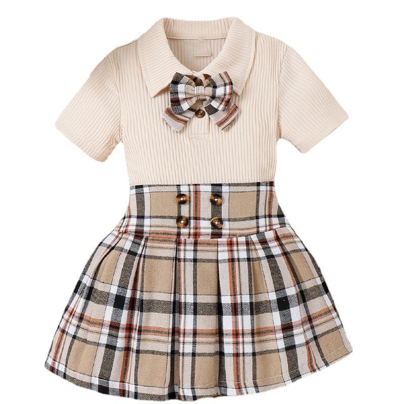 Sweet Girl's Spring/Summer Children's Lapel Bow Short-sleeved Top and Checkered Short Skirt Uniform Set