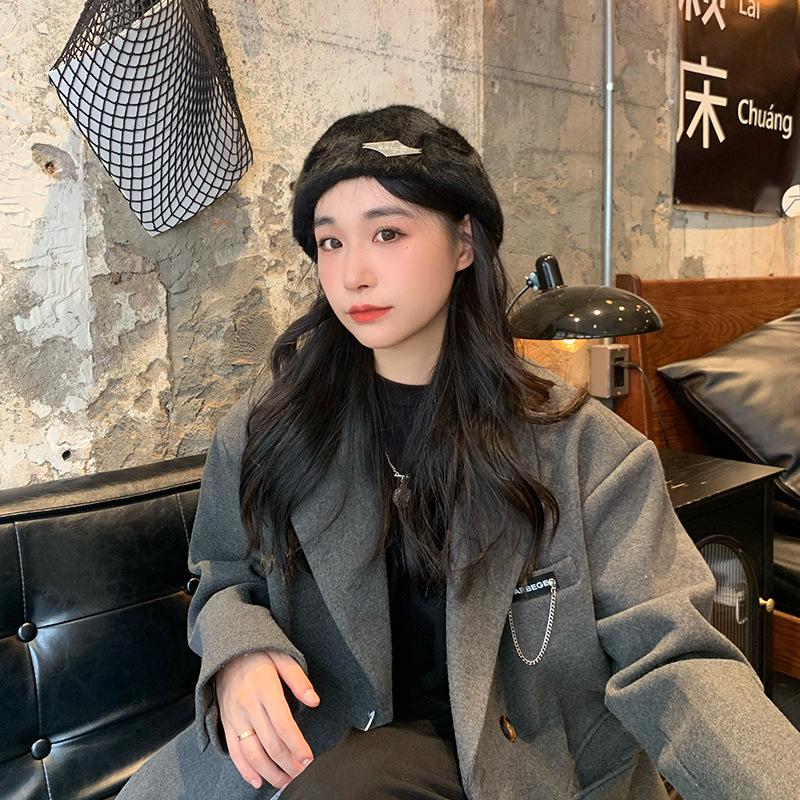 

Берет из кроличьего меха Iron Label Женский Для маленького лица Большая голова Круглый Корейский стиль Универсальный Плюшевый Носится назад Передняя шляпа M（56-58cm）