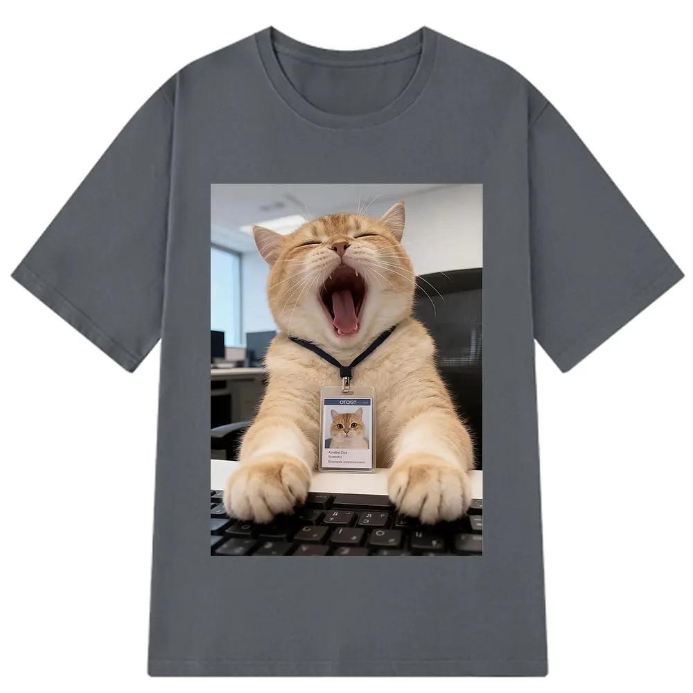 Lustiges Bürokatzen-Meme T-Shirt Herren Damen Mode Lässiges T-Shirt Kurzärmelig Locker Freizeit Baumwoll-T-Shirts Streetwear