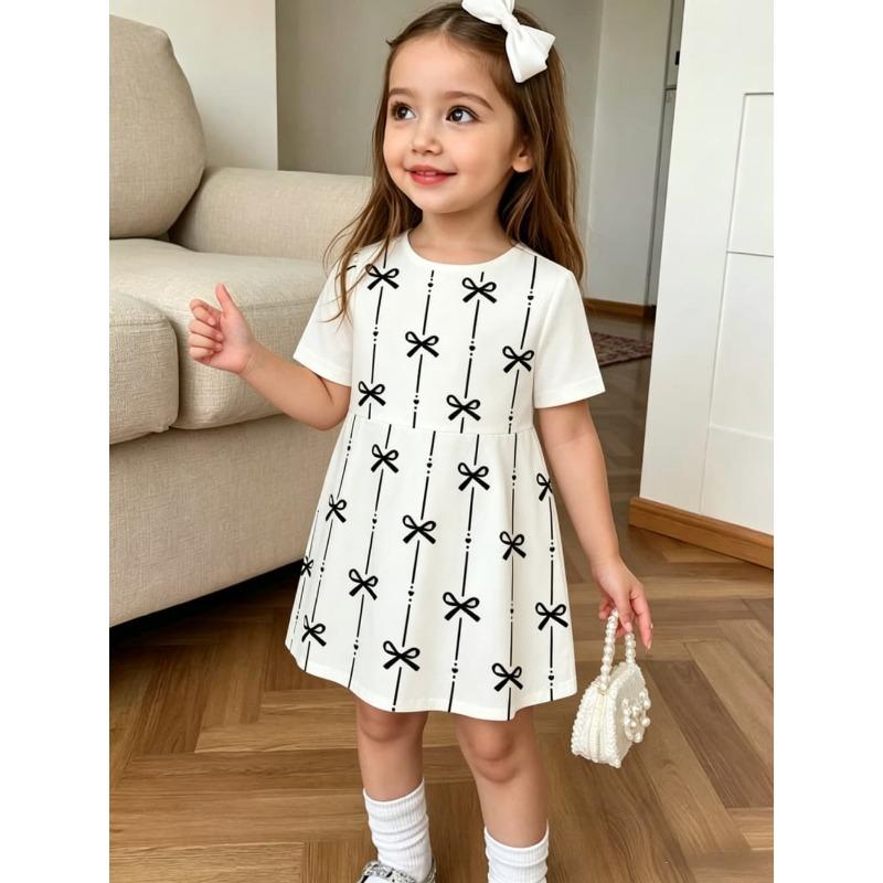 Cute Polka Dot Bow Dress for Girls Casual Short Sleeve Dress Comfortable Girls Clothes Summer Tops Children's Clothing