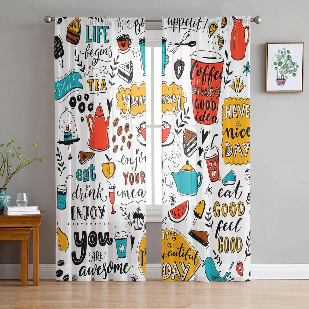 Vintage Text Coffee Tulle Curtains for Living Room Printed Sheer Voile Curtain Bedroom Window Screening Drapes Blinds Home Decor