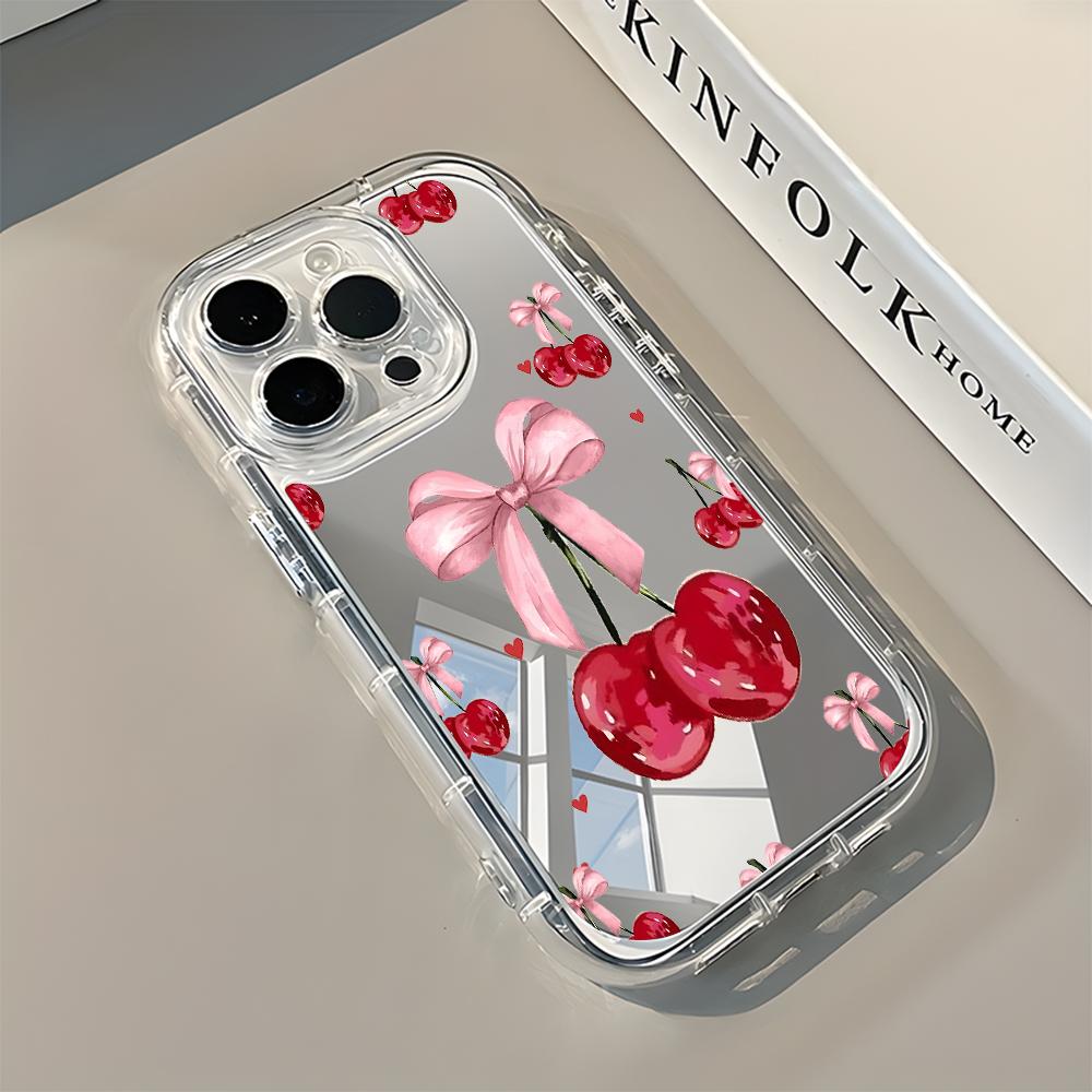 Cute Cherry Bow Pattern Back Mirror Phone Case For iPhone 11 12 13 14 15 16 17 Pro Max X XR XS 7 8 Plus 17 Air Shockproof Cover
