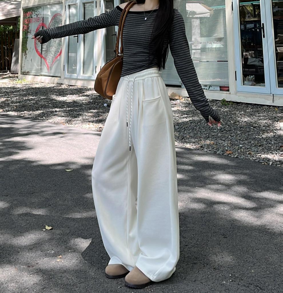 2025 Spring Women's High Waist Loose Wide-Leg Cotton Pants with Drawstring