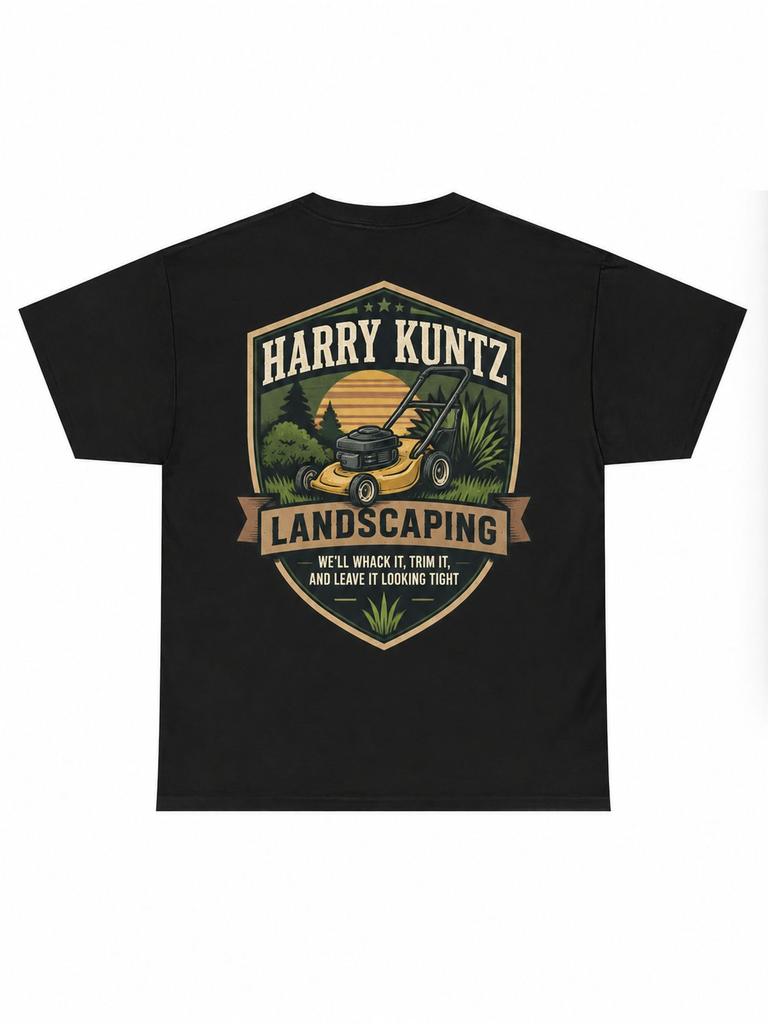 100% Cotton Black T-Shirt Sizes S-XXXL Harry Kuntz Landscaping Graphic Print Perfect Gift Idea for Landscapers Retro Style Fans Garage for Man Cave Ca